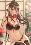  1girl bare_shoulders black_bra black_panties blurry bra breasts brown_hair choker cleavage criss-cross_halter depth_of_field flower glasses gloves gold-framed_eyewear hair_ribbon halterneck highres holding holding_hair lingerie long_hair looking_at_viewer medium_breasts mole mole_under_eye morikura_en mouth_hold multi-strapped_bra multi-strapped_panties navel original panties parted_lips ponytail purple_eyes red_flower ribbon round_eyewear solo stomach tassel thighhighs underwear underwear_only 