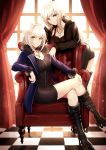  2girls absurdres artoria_pendragon_(all) bangs black_footwear black_jacket black_ribbon blonde_hair blue_jacket blush boa_sorte boots breasts collarbone commentary_request dress eyebrows_visible_through_hair fate/grand_order fate_(series) hair_ribbon highres indoors jacket jeanne_d&#039;arc_(alter)_(fate) jeanne_d&#039;arc_(fate)_(all) jet_black_king_of_knights_ver._shinjuku_1999 jewelry large_breasts long_hair looking_at_viewer medium_breasts multiple_girls necklace ribbon saber_alter short_hair silver_hair sitting smile wicked_dragon_witch_ver._shinjuku_1999 yellow_eyes 