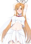  1girl arms_up ass_visible_through_thighs asuna_(sao) bangs blush bound bound_wrists breasts brown_eyes brown_hair chain chained ear_covers elf eyebrows_visible_through_hair fairy_wings frown groin highres large_breasts long_hair midriff navel no_panties parted_bangs pointy_ears raitho104 shiny shiny_hair simple_background skirt solo sword_art_online titania_(sao) very_long_hair white_background white_skirt wings 