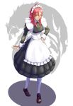  1girl absurdres alternate_costume apron black_shirt black_skirt brown_footwear closed_mouth enmaided eyebrows_visible_through_hair fire_emblem fire_emblem:_three_houses gzo1206 hand_on_hip hapi_(fire_emblem) highres loafers long_hair long_skirt long_sleeves maid maid_headdress pantyhose red_eyes red_hair shiny shiny_hair shirt shoes simple_background skirt smile solo white_apron white_background white_legwear 