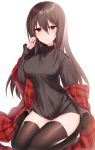  1girl arm_at_side bangs black_legwear black_shirt blush breasts brown_hair closed_mouth cropped_legs eyebrows_visible_through_hair hair_between_eyes hand_up highres kinona knees_together_feet_apart long_hair long_sleeves looking_at_viewer medium_breasts no_pants no_shoes original plaid red_eyes shawl shirt simple_background sitting sleeves_past_wrists slender_waist smile solo sweater thigh_gap thighhighs turtleneck turtleneck_sweater very_long_hair wariza white_background 