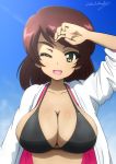  1girl ;d arm_up bangs bikini black_bikini blue_sky breasts brown_hair bukkuri casual cleavage cloud cloudy_sky commentary_request dark_skin day eyebrows_visible_through_hair girls_und_panzer green_eyes highres large_breasts long_sleeves looking_at_viewer one_eye_closed open_clothes open_mouth open_shirt outdoors partial_commentary shading_eyes shirt skindentation sky smile solo swept_bangs swimsuit tristana_(girls_und_panzer) upper_body white_shirt 