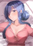  1girl artist_name bangs bed_sheet blue_eyes blue_hair blush bra breasts cleavage commentary_request eyebrows_visible_through_hair gotland_(kantai_collection) hair_between_eyes highres jewelry kantai_collection long_hair looking_at_viewer lying masukuza_j medium_breasts mole mole_under_eye necklace on_back pajamas pink_bra pink_pajamas shadow sidelocks smile solo unbuttoned underwear 