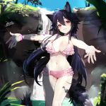 1girl ahoge alternate_breast_size animal_ears bare_arms bare_shoulders bikini black_hair blush breasts cleavage collarbone day ejami ekko_(ejami) feet_out_of_frame fox_ears fox_girl fox_tail hair_between_eyes head_tilt large_breasts layered_bikini long_hair looking_at_viewer original outdoors outstretched_arms parted_lips pink_bikini plaid plaid_bikini red_eyes signature smile solo standing steam swimsuit tail thigh_gap thighs very_long_hair water waterfall wristband 