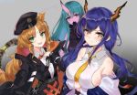  3girls :d animal_ears aqua_eyes aqua_hair arknights bandaid bandaid_on_cheek bandaid_on_forehead bangs bare_shoulders belt black_gloves black_headwear black_jacket blue_hair blush bow bowtie breast_hold breasts brown_eyes brown_hair ch&#039;en_(arknights) commentary_request crossed_arms dragon_horns dragon_tail drill_hair drill_locks eyebrows_visible_through_hair gloves gradient gradient_background green_eyes hair_between_eyes hat horn horns hoshiguma_(arknights) jacket kakeru_(kakeru) long_hair long_sleeves looking_at_viewer low_twintails multiple_girls necktie off_shoulder oni oni_horn open_mouth peaked_cap sidelocks smile swire_(arknights) tail tiger_ears tiger_tail translated twintails upper_body very_long_hair wing_collar yellow_neckwear 