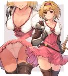  1girl ass bangs belt blonde_hair blush breasts brown_eyes cleavage closed_mouth collarbone djeeta_(granblue_fantasy) dress fighter_(granblue_fantasy) gauntlets granblue_fantasy hairband highres koretsuki_azuma looking_at_viewer medium_breasts multiple_views parted_lips pink_dress pink_hairband puffy_sleeves sheath short_hair single_pauldron smile swept_bangs sword thighs weapon 