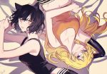  2girls animal_ears bed_sheet black_hair black_shirt blake_belladonna blonde_hair breasts cat_ears cleavage closed_mouth ecru from_above long_hair looking_at_viewer lying medium_breasts midriff multiple_girls navel on_back on_side orange_shirt parted_lips prosthesis prosthetic_arm purple_eyes rwby shirt short_hair sleeveless sleeveless_shirt smile stomach upper_body very_long_hair yang_xiao_long yellow_eyes 
