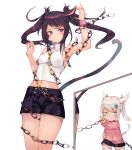  &gt;:) 2girls animal_ears arm_up armpits bangs bare_arms bare_shoulders black_hair black_shorts black_skirt blush breasts cat_ears cat_girl cat_tail chain closed_mouth commentary_request eyebrows_visible_through_hair final_fantasy final_fantasy_xiv grey_eyes hair_ornament hand_up highres holding long_sleeves midriff miqo&#039;te multiple_girls navel pink_shirt purple_eyes shirt short_shorts shorts silver_hair simple_background skirt sleeveless sleeveless_shirt small_breasts smile swept_bangs tail tail_raised tota_(sizukurubiks) turtleneck twintails v-shaped_eyebrows whisker_markings white_background white_shirt wristband 