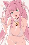  1girl absurdres animal_ears bare_shoulders blue_eyes bow breasts cat_ears cleavage collarbone eyebrows_visible_through_hair fangs hair_bow highres large_breasts long_hair looking_at_viewer navel open_mouth original painteen pink_hair solo twintails upper_teeth very_long_hair white_bow 