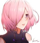  1girl armored_leotard bangs bare_shoulders black_leotard blush commentary_request eyebrows_visible_through_hair fate/grand_order fate_(series) hair_over_one_eye kosumi leotard looking_away mash_kyrielight parted_bangs pink_hair purple_eyes short_hair signature simple_background solo upper_body white_background 
