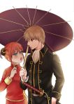  1boy 1girl :o absurdres bangs black_jacket black_pants blue_eyes blush collared_jacket couple gintama hair_between_eyes hair_bun highres holding holding_umbrella jacket kagura_(gintama) katana kuroneko_w1nter light_brown_hair okita_sougo open_clothes open_jacket open_mouth orange_hair oriental_umbrella pants purple_umbrella red_eyes red_pants sheath sheathed shiny shiny_hair short_hair sidelocks simple_background sword umbrella weapon white_background wing_collar 