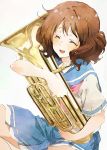  1girl big_hair blue_skirt brown_hair closed_eyes euphonium hibike!_euphonium highres holding holding_instrument instrument kataru_(ubw-emiya) kitauji_high_school_uniform open_mouth oumae_kumiko pink_neckwear school_uniform serafuku short_hair short_sleeves sitting skirt solo 