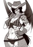  1girl abs adapted_costume belt biceps bikini black_hair breasts bridle bullet chaps cigar cleavage commentary_request cowboy_hat cowboy_shot crotch_seam front-tie_bikini front-tie_top gloves hat highres horse_tail kurokoma_saki long_hair looking_at_viewer medium_breasts monochrome muscle muscular_female navel open_mouth pegasus_wings plaid plaid_bikini plaid_bikini_top ryuuichi_(f_dragon) scar scarf sepia serratus_anterior shoulder_tattoo simple_background smoking solo swimsuit tail tattoo touhou underboob white_background wings 