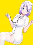  1girl bangs blue_eyes blush breasts closed_mouth collared_dress commentary_request dress dutch_angle feet_out_of_frame hair_ornament hairclip hands_up hat holding long_hair looking_at_viewer medium_breasts nurse nurse_cap original purple_hair short_sleeves simple_background sitting smile solo stethoscope suzuharu_toufu swept_bangs thighhighs white_dress white_headwear white_legwear yellow_background 