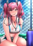  1girl :q azur_lane bangs between_legs blue_sky blush bottle breasts bremerton_(azur_lane) bremerton_(scorching-hot_training)_(azur_lane) chain-link_fence cleavage cloud commentary_request cowboy_shot crop_top crop_top_overhang day eyebrows_visible_through_hair fence grey_hair hair_between_eyes hair_ornament hairclip hand_between_legs heart heart_necklace highres holding_racket large_breasts lens_flare long_hair looking_at_viewer midriff moepush mole mole_on_breast mole_under_eye multicolored_hair navel nipples nose_blush outdoors pink_eyes pink_hair racket railing see-through shirt sidelocks sitting skirt sky sleeveless sleeveless_shirt smile solo sportswear streaked_hair sunlight sweat tennis_racket tennis_uniform tongue tongue_out twintails two-tone_hair two-tone_skirt water_bottle wet wet_clothes wet_shirt wet_skirt white_shirt 