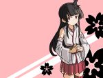  1girl adrian_ferrer black_hair commentary detached_sleeves english_commentary flat_chest floral_background floral_print fusou_(kantai_collection) hair_ornament hands_clasped japanese_clothes kantai_collection long_hair own_hands_together pleated_skirt red_eyes red_skirt remodel_(kantai_collection) skirt solo standing 