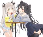  2girls bangs bare_shoulders black_hair black_legwear black_ribbon black_skirt blush brown_eyes bubble_tea closed_mouth collarbone commentary_request cup disposable_cup drinking_straw eyebrows_visible_through_hair grey_hair grey_shirt hair_ribbon hayashi_kewi holding holding_cup leaning_forward long_hair long_sleeves looking_at_viewer looking_to_the_side midriff multiple_girls off-shoulder_shirt off_shoulder original pleated_skirt ribbon shirt short_shorts shorts shoulder_cutout simple_background skirt smile striped striped_shorts table thighhighs two_side_up vertical-striped_shorts vertical_stripes very_long_hair white_background white_shorts yellow_eyes yellow_shirt 