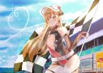  1girl blonde_hair bow breasts brown_eyes earrings elbow_gloves flag girls_frontline gloves hair_bow hair_ribbon hat highres jewelry long_hair looking_down ppk_(girls_frontline) race_queen racetrack ribbon small_breasts solo tokyoha1 