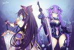  2girls akane_rose blue_eyes braid breasts creator_connection crossover date_a_live highres holding holding_sword holding_weapon long_hair looking_at_viewer medium_breasts multiple_girls neptune_(series) purple_eyes purple_hair purple_heart ribbon sword twin_braids twintails very_long_hair weapon yatogami_tooka 
