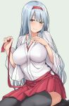  1girl absurdres bangs black_legwear blush breasts brown_eyes commentary covered_nipples eyebrows_visible_through_hair grey_background hairband hakama hakama_skirt hand_on_own_chest highres japanese_clothes kantai_collection large_breasts long_hair red_hairband red_hakama satou_samu shoukaku_(kantai_collection) silver_hair simple_background sitting smile solo thighhighs wide_sleeves 