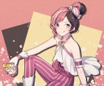  1girl :q arm_strap box brown_eyes brown_hair closed_mouth collarbone earrings ecru gloves heart heart-shaped_pupils holding holding_box jewelry looking_at_viewer multicolored_hair neo_politan pants pink_eyes pink_hair pink_pants rwby shiny shiny_hair short_hair sitting sleeveless smile solo striped symbol-shaped_pupils tied_hair tongue tongue_out two-tone_hair vertical-striped_pants vertical_stripes white_gloves 