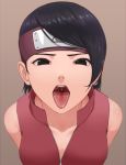  1girl absurdres bare_shoulders black_eyes black_hair boruto:_naruto_next_generations breasts brown_background collarbone commentary_request from_above highres looking_at_viewer miru_(wvjc7832) naruto naruto_(series) open_mouth oral_invitation short_hair simple_background small_breasts solo tongue tongue_out uchiha_sarada 