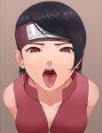  1girl absurdres bare_shoulders black_hair boruto:_naruto_next_generations breasts brown_background collarbone commentary_request from_above highres looking_at_viewer miru_(wvjc7832) naruto naruto_(series) open_mouth oral_invitation red_eyes sharingan short_hair simple_background small_breasts solo tongue tongue_out uchiha_sarada 