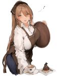  1girl alternate_costume apron bangs blue_pants blush breasts brown_hair cake cleavage coffee coffee_cup cup dessert disposable_cup eyebrows_visible_through_hair food fork girls_frontline green_eyes hair_between_eyes hair_ribbon highres large_breasts long_hair looking_at_viewer m1903_springfield_(girls_frontline) open_mouth pants ponytail ribbon shirt sidelocks simple_background smile solo spoon syotastar white_background white_shirt 