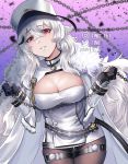  1girl absurdres azur_lane bangs belt black_gloves blush breasts chain cleavage eyebrows_visible_through_hair fur_trim gangut_(azur_lane) gloves gradient gradient_background hair_between_eyes hair_ornament hat highres jacket large_breasts long_hair looking_at_viewer military_hat mole mole_under_eye pantyhose red_eyes silver_hair smile solo tini very_long_hair 