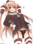  1girl amatsukaze_(kantai_collection) amatsukaze_(kantai_collection)_(cosplay) ass_visible_through_thighs black_panties blush breasts brown_dress brown_eyes commentary_request cosplay cowboy_shot dress garter_straps hair_tubes hat heart highres johnston_(kantai_collection) kantai_collection light_brown_hair long_hair look-alike looking_at_viewer medium_breasts mini_hat open_mouth panties pantyshot pantyshot_(standing) red_legwear sailor_dress short_dress simple_background smile solo spoken_heart standing takase_muu thighhighs thighs twitter_username two_side_up underwear white_background windsock 