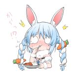  1girl animal_ear_fluff animal_ears bangs blue_hair bow braid bunny_ears carrot_hair_ornament chibi commentary eating empty_eyes eyebrows_visible_through_hair food_themed_hair_ornament hair_bow hair_ornament highres hololive kinka multicolored_hair puffy_short_sleeves puffy_sleeves short_sleeves simple_background sketch solo spicy spoon spoon_in_mouth streaked_hair sweat teardrop thick_eyebrows translated twintails two-tone_hair upper_body usada_pekora virtual_youtuber white_background white_hair wrist_cuffs 
