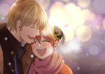  1boy 1girl :d absurdres black_jacket blazer blonde_hair blue_shirt blurry blurry_background blush closed_eyes couple gintama hair_bun highres jacket kagura_(gintama) kuroneko_w1nter okita_sougo open_blazer open_clothes open_jacket open_mouth orange_hair pink_scarf scarf shiny shiny_hair shirt short_hair sidelocks smile 