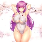  1girl absurdres arm_behind_head arm_up armpits artist_name ass_visible_through_thighs bangs bare_shoulders bb_(fate)_(all) bb_(fate/extra_ccc) blush branch breasts cherry_blossoms closed_mouth collarbone commentary_request covered_nipples cowboy_shot day eyebrows_visible_through_hair fate/extra fate/extra_ccc fate_(series) groin hair_between_eyes hair_ribbon hibi_(grangcat) highleg highleg_leotard highres huge_breasts large_breasts leotard long_hair looking_at_viewer one_side_up outdoors petals purple_eyes purple_hair red_ribbon ribbon shiny shiny_clothes shiny_skin sidelocks skindentation sleeveless smile solo standing thighs tree twitter_username underboob underboob_cutout very_long_hair white_leotard wing_collar 
