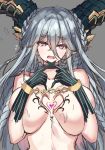  1girl bangs braid breasts cenangam chest_tattoo choker covering covering_breasts crossed_bangs curled_horns elbow_gloves fate/grand_order fate_(series) gloves grey_background hair_between_eyes highres horns large_breasts long_horns looking_at_viewer nude open_mouth pointy_ears symbol-shaped_pupils tattoo tiamat_(fate/grand_order) topless upper_body vertical-striped_gloves 