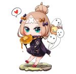  1girl abigail_williams_(fate/grand_order) balloon bangs black_bow black_jacket blonde_hair blue_eyes blush bow butter chibi closed_mouth crossed_bandaids eating eyebrows_visible_through_hair fate/grand_order fate_(series) food fork fou_(fate/grand_order) full_body hair_bow hair_bun heart heroic_spirit_traveling_outfit high_heels highres holding holding_balloon holding_fork jacket koka12312 long_sleeves medjed orange_bow pancake parted_bangs polka_dot polka_dot_bow red_bow red_footwear shoes sleeves_past_fingers sleeves_past_wrists solo spoken_heart white_background 