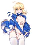  1girl absurdres artoria_pendragon_(all) ass_visible_through_thighs blonde_hair blush breasts covered_nipples fate/stay_night fate_(series) green_eyes highres navel niko_(tama) open_mouth pubic_tattoo puffy_sleeves saber sleeves_past_wrists small_breasts solo tattoo tears thighhighs white_legwear 