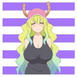  1girl artsy-rc black_shirt blonde_hair blush border breasts cleavage closed_eyes closed_mouth eyebrows_visible_through_hair gradient_hair green_hair hat huge_breasts kobayashi-san_chi_no_maidragon long_hair looking_at_viewer multicolored_hair official_style purple_background quetzalcoatl_(maidragon) shirt smile solo striped striped_background white_border 