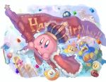  :d birthday birthday_cake blush_stickers cake candle commentary_request crown food happy_birthday holding king_dedede kirby kirby_(series) maxim_tomato open_mouth running shiburingaru smile 