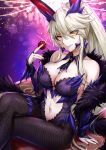  1girl animal_ears artist_name artoria_pendragon_(all) artoria_pendragon_(lancer_alter) bangs bare_shoulders black_legwear black_nails blonde_hair blush braid breasts bunny_ears bunny_girl cleavage collarbone commentary_request eyebrows_visible_through_hair fate/grand_order fate_(series) fishnet_legwear fishnets gloves hair_between_eyes highres holding large_breasts long_hair looking_at_viewer navel pink_lips sakiyamama sidelocks smile solo yellow_eyes 