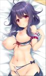  1girl ahoge blur_censor breasts censored groin kantai_collection large_breasts long_hair looking_at_viewer mikagami_mamizu nipples on_bed open_mouth purple_hair red_eyes ribbon swimsuit taigei_(kantai_collection) upper_body 