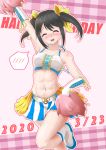  1girl :d ^_^ abs absurdres arm_up armpits bangs bare_legs bare_shoulders black_hair blue_skirt blush boots breasts center_frills cheerleader closed_eyes collarbone commentary_request cowboy_shot cross-laced_gloves dated elbow_gloves eyebrows_behind_hair gloves groin hair_between_eyes happy_birthday highres idolmaster idolmaster_cinderella_girls idolmaster_cinderella_girls_starlight_stage long_hair medium_breasts midriff nakano_yuka navel nose_blush open_mouth outline pink_background plaid plaid_background pom_poms sidelocks skirt smile solo spoken_blush standing standing_on_one_leg tsuchinari_yumiichi twintails two-tone_skirt upper_teeth white_bikini_top white_footwear white_gloves white_skirt |d 