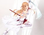  1girl asuna_(sao) back bangs bare_shoulders braid breastplate breasts brown_eyes brown_hair cait commentary_request dress eyebrows_visible_through_hair hair_between_eyes highres holding holding_sword holding_weapon long_hair long_sleeves looking_at_viewer looking_back medium_breasts motion_blur open_mouth pleated_skirt red_skirt sheath shoe_soles shoes skirt solo sword sword_art_online thighhighs torn_clothes torn_dress unsheathed v-shaped_eyebrows very_long_hair weapon white_dress white_footwear white_legwear 