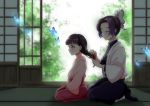  1boy 1girl backlighting bangs black_hair black_jacket black_pants blunt_bangs blurry blurry_background brown_hair bug butterfly butterfly_hair_ornament from_side gradient_hair hair_brushing hair_intakes hair_ornament hakama highres holding indoors insect jacket japanese_clothes kimetsu_no_yaiba kimono kneeling kochou_shinobu kwrrrrrr long_hair long_sleeves multicolored_hair pants pink_kimono purple_eyes purple_hair red_hakama shiny shiny_hair short_hair tsuyuri_kanao younger 