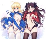  2girls absurdres ahoge aqua_eyes artoria_pendragon_(all) ass_visible_through_thighs black_legwear blonde_hair blush breasts brown_hair cameltoe commentary_request covered_nipples dress fate/stay_night fate_(series) green_eyes highres long_hair multiple_girls navel niko_(tama) open_mouth pubic_tattoo puffy_sleeves saber skirt sleeves_past_wrists small_breasts tattoo tears thighhighs toosaka_rin twintails white_legwear 