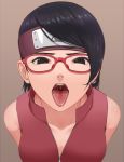  1girl absurdres bangs bare_shoulders black_eyes black_hair boruto:_naruto_next_generations breasts brown_background collarbone commentary_request from_above glasses highres looking_at_viewer miru_(wvjc7832) naruto naruto_(series) open_mouth oral_invitation red-framed_eyewear short_hair simple_background small_breasts solo tongue tongue_out uchiha_sarada 