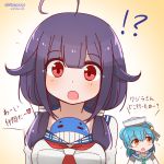  !? 2girls ahoge blue_hair blue_sailor_collar dated dixie_cup_hat double_bun hat heart kantai_collection little_blue_whale_(kantai_collection) military_hat mitchell_(dynxcb25) multiple_girls orange_eyes purple_hair red_eyes sailor_collar samuel_b._roberts_(kantai_collection) school_uniform serafuku taigei_(kantai_collection) translation_request twitter_username whale white_headwear 