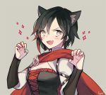  1girl :d animal_ear_fluff animal_ears bangs black_hair blush breasts cape cat_ears cleavage ecru gradient_hair grey_background grey_eyes hair_between_eyes halloween halloween_costume long_sleeves looking_at_viewer medium_breasts multicolored_hair open_mouth red_cape red_hair ruby_rose rwby shiny shiny_hair short_hair simple_background smile solo upper_body 