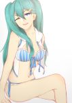  1girl ;d a_pu_(a_pu_pu) absurdres bangs bikini bikini_bottom blue_bikini blue_eyes blue_hair blue_ribbon breasts cleavage collarbone commentary eyebrows_visible_through_hair frilled_bikini_top front-tie_bikini front-tie_top hair_between_eyes hair_ornament hairclip hatsune_miku highres long_hair looking_at_viewer medium_breasts one_eye_closed open_mouth ribbon shiny shiny_hair side-tie_bikini simple_background sitting smile solo swimsuit vertical-striped_bikini_top very_long_hair vocaloid white_background white_bikini 