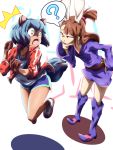  2girls ? animal_ears aqua_hair artist_request brand_new_animal brown_eyes brown_hair bunny_ears bunny_nose commentary_request company_connection furry hand_on_own_chin highres jacket jumping kagari_atsuko kagemori_michiru little_witch_academia luna_nova_school_uniform multicolored multicolored_eyes multiple_girls open_mouth raccoon_ears raccoon_girl raccoon_nose raccoon_tail school_uniform shoes sneakers spoken_question_mark squinting startled tail track_jacket trait_connection trigger_(company) 