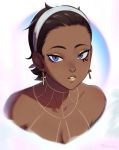  1girl ankh_earrings blue_eyes brown_hair collarbone commentary dark_skin earrings english_commentary eyeshadow forehead hairband jewelry k&#039;lyn looking_at_viewer makeup nude original parted_lips portrait razalor short_hair simple_background solo white_hairband 
